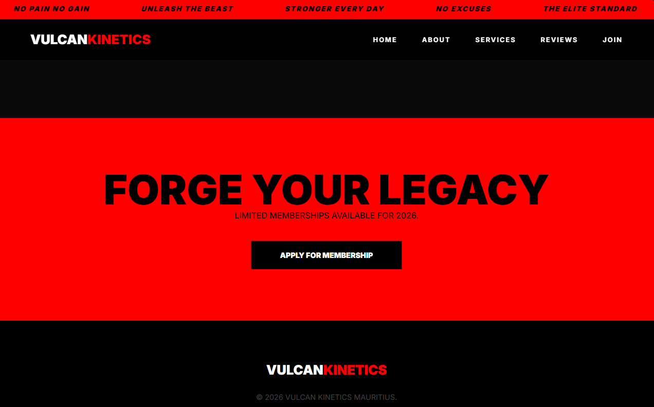 Vulcan Kinetics High-Performance Gym Website Screenshot